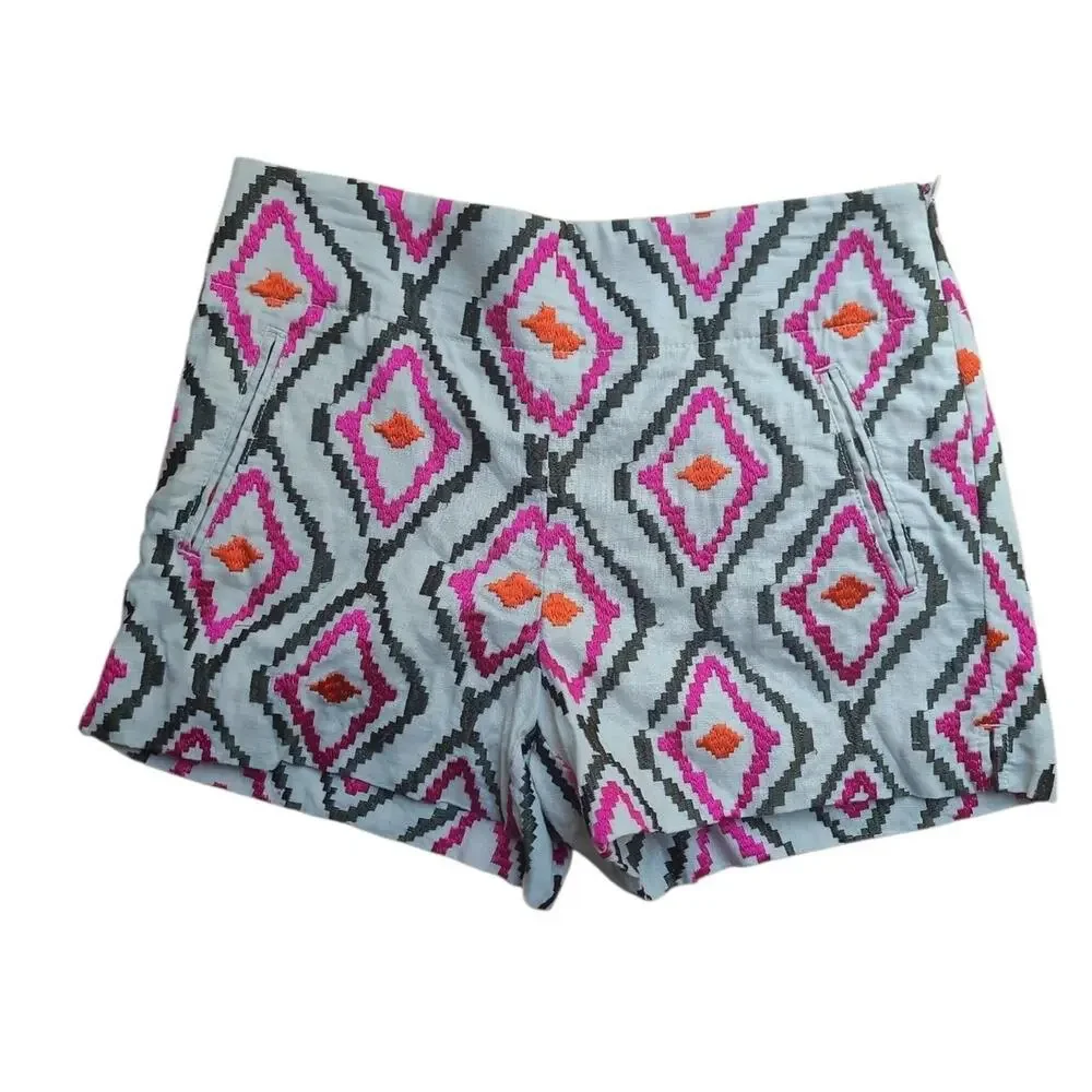 Ann Taylor LOFT Riviera Shorts Size 2 Embroidered Ikat Linen Blend Boho Summer